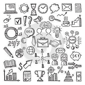 Hand drawn business icon set. Vector doodles illustrations isolate on white background