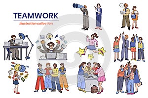 Hand Drawn Business people and social networks collection in flat style illustration for business idea