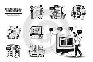 Hand Drawn Business people and social networks collection in flat style illustration for business idea