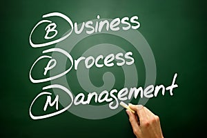 Hand drawn Business process management (BPM) concept on blackboard.. photo