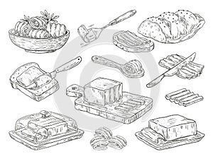 Hand drawn butter. Sketch breakfast culinary ingredient, drawn compositions with bread and butter. Vector doodle set
