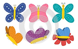 Hand drawn butterflies set. Cute insects in cartoon style for baby and kids design