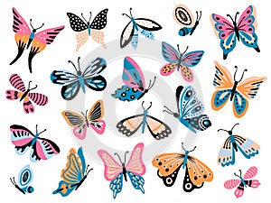 Hand drawn butterfly. Flower butterflies, moth wings and spring colorful flying insect isolated vector collection