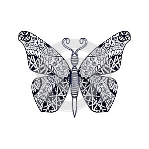 Hand drawn butterfly in zentangle style. Black and white