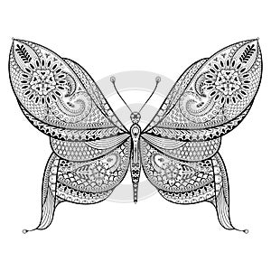 Hand drawn Butterfly in zentangle style. Ornamental tribal patte