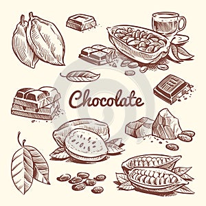 Hand drawn cacao, leaves, cocoa seeds, sweet dessert and chocolate bar. Cocoa sketch vector collection