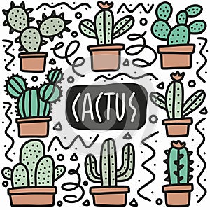 hand drawn cactus doodle set
