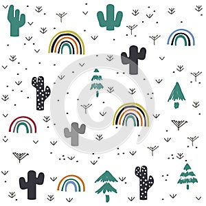 Hand drawn, cactus, mountain, rainbow pattern