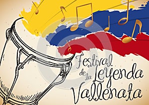 Hand Drawn Caja and Tricolor Brushstrokes for Vallenato Legend Festival, Vector Illustration