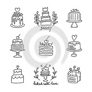 Hand drawn cakes set. Vector doodle cakes collection