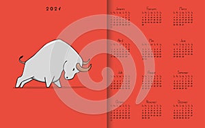 Hand drawn calendar 2021 with white metal ox on red background.