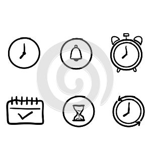 Hand drawn Calendar and Clock related line icon set. Time and date linear icons. Countdown and timer