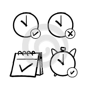 Hand drawn Calendar and Clock related line icon set. Time and date linear icons. Countdown and timer