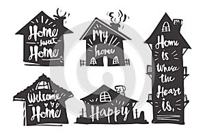 Hand drawn Caligraphy in silhouette house, Home sweet home, My h