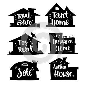 Hand drawn Caligraphy in silhouette house, real estate, rent