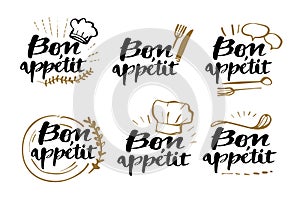 Hand drawn calligraphy Bon appetit phases, lettering style, illu