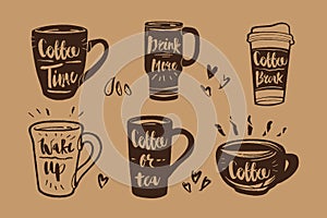 Hand drawn Calligraphy in coffee label set. Coffee time