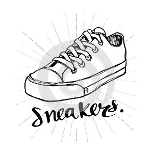 Hand drawn calligraphy sneakers, icon design or logo. Lettering,