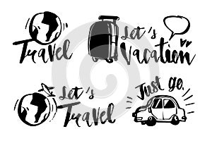 Hand drawn calligraphy Travel icons set. Handwritten lettering.