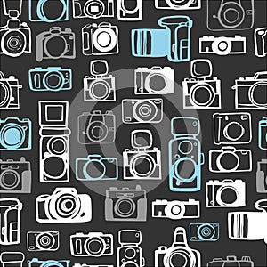 Hand drawn cameras.  Vector  seamless pattern