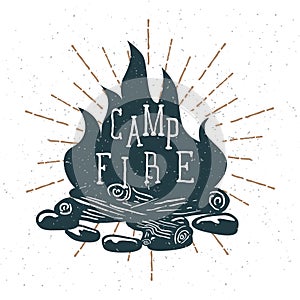 Hand Drawn Campfire with Vintage Sunburst. Vector