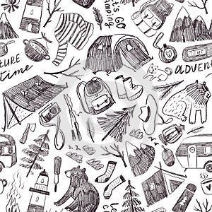 Hand drawn camping elements and sketched scout graphics. Seamless pattern in hand-drawn style