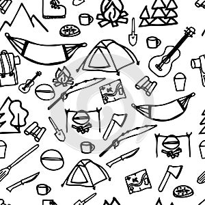 Hand drawn camping and hiking elements, isolated on white background. Cute background full of icons perfect for summer camp flyers