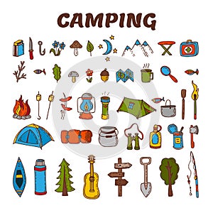 Hand drawn camping icon set in color. Collection of camping and