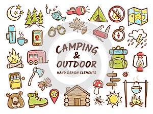 Hand drawn camping and outdoor recreation elements