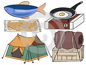 Hand drawn camping and outdoor recreation elements, isolated on white background. digital clipart illustration Cute collection of