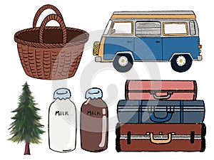 Hand drawn camping and outdoor recreation elements, isolated on white background. digital clipart illustration Cute collection of