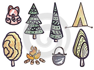 Hand drawn camping set with watercolor elements