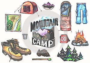 Hand drawn camping set with watercolor elements. Camp bonfire, vintage lantern, roasted marshmallow, camper knife