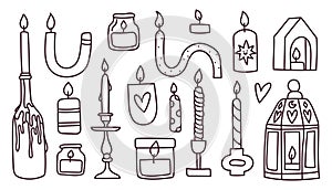 Hand drawn candle doodle set. Vector isolated black sketch on the white background illustration. Hand made hobby