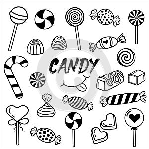 Hand drawn candy set. Linear doodle style.
