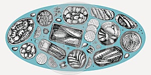 Hand drawn canned fish illustrations collection. Sardines, anchovy, mackerel, tuna, mussels in tin cans, fish canapes, olives,