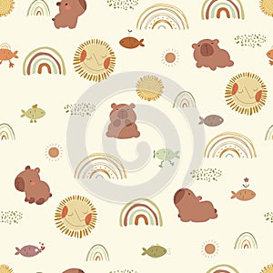 Hand drawn capybara, fish, rainbow, sun.