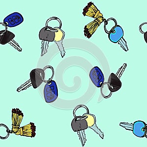 Hand drawn car keyes on keyring pattern blue