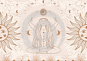 Hand drawn card of beige mystical woman with Sun, Moon, star in line art. Constellation celestial space. Spiritual abstract symbol