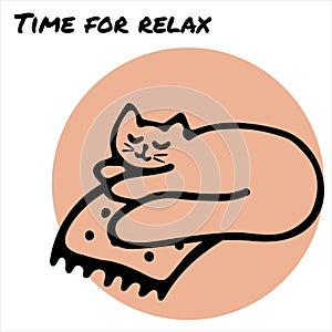 Hand drawn card. The cat that lies on the plaid. Text Time for relax