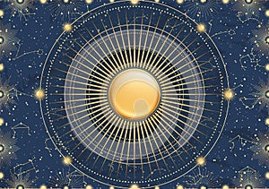 Hand drawn card of 3d golden Sun, sunburst, light rays, stars. Constellation celestial space. Zodiac horoscope symbol, star