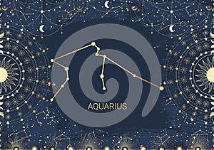 Hand drawn card of golden Aquarius, Sun, Moon, star. Constellation celestial space. Zodiac horoscope symbol, star astrology,