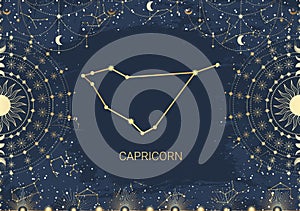 Hand drawn card of golden Capricorn, Sun, Moon, star. Constellation celestial space. Zodiac horoscope symbol, star astrology,