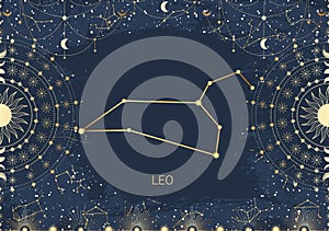 Hand drawn card of golden Leo, Sun, Moon, star. Constellation celestial space. Zodiac horoscope symbol, star astrology, astrology