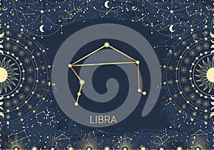 Hand drawn card of golden Libra, Sun, Moon, star. Constellation celestial space. Zodiac horoscope symbol, star astrology,