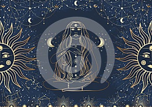 Hand drawn card of golden mystical woman with Sun, Moon, star in line art. Constellation celestial space. Spiritual abstract