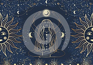 Hand drawn card of golden mystical woman with Sun, Moon, star in line art. Constellation celestial space. Spiritual abstract