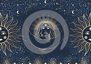 Hand drawn card of golden mystical woman with Sun, Moon, star in line art. Constellation celestial space. Spiritual abstract