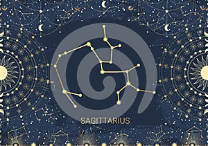 Hand drawn card of golden Sagittarius, Sun, Moon, star. Constellation celestial space. Zodiac horoscope symbol, star astrology,