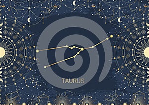 Hand drawn card of golden Taurus, Sun, Moon, star. Constellation celestial space. Zodiac horoscope symbol, star astrology,